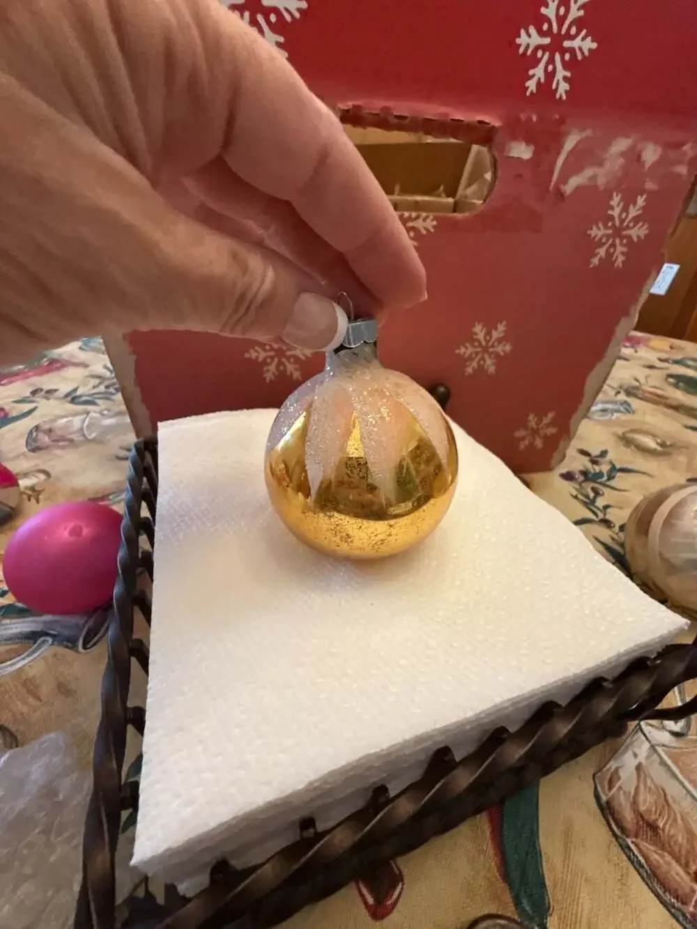 Vtg Shiny Brite Gold Mercury Glass Xmas Ornament Snow Cap White Mica Glitter